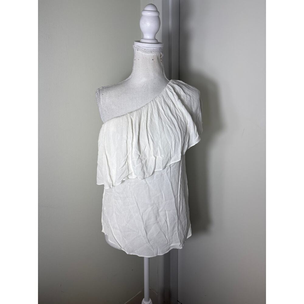 BCBG White One Shoulder Ruffle Top Sz XS